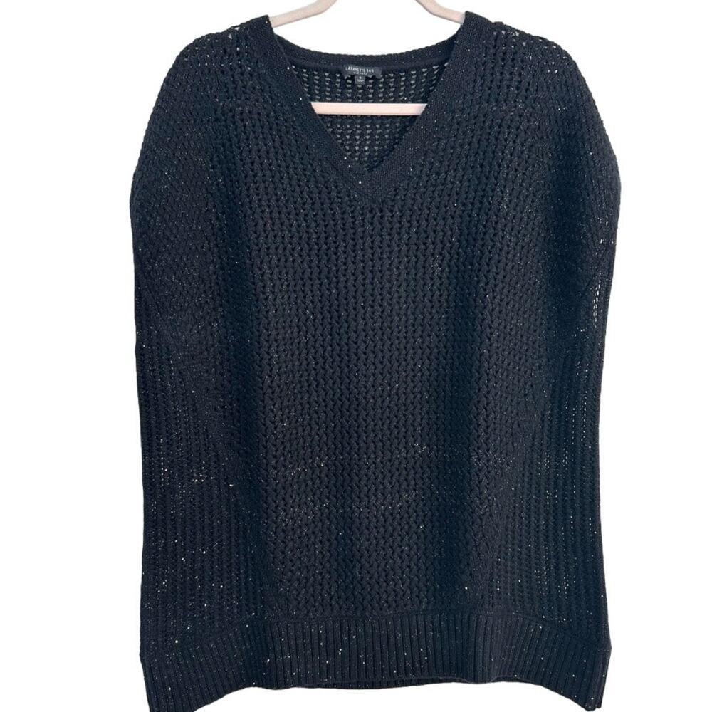 Lafayette 148 V-Neck Sweater Black Wool Silk‎ Cashmere Metallic Women Small Luxe